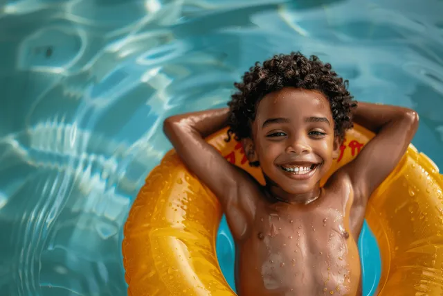 A happy boy floats on a yellow inflatable ring in a swimming pool, holding the ring above rippling water.