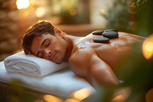 Man receiving hot stone massage on spa bed with glowing stones and warm indoor light