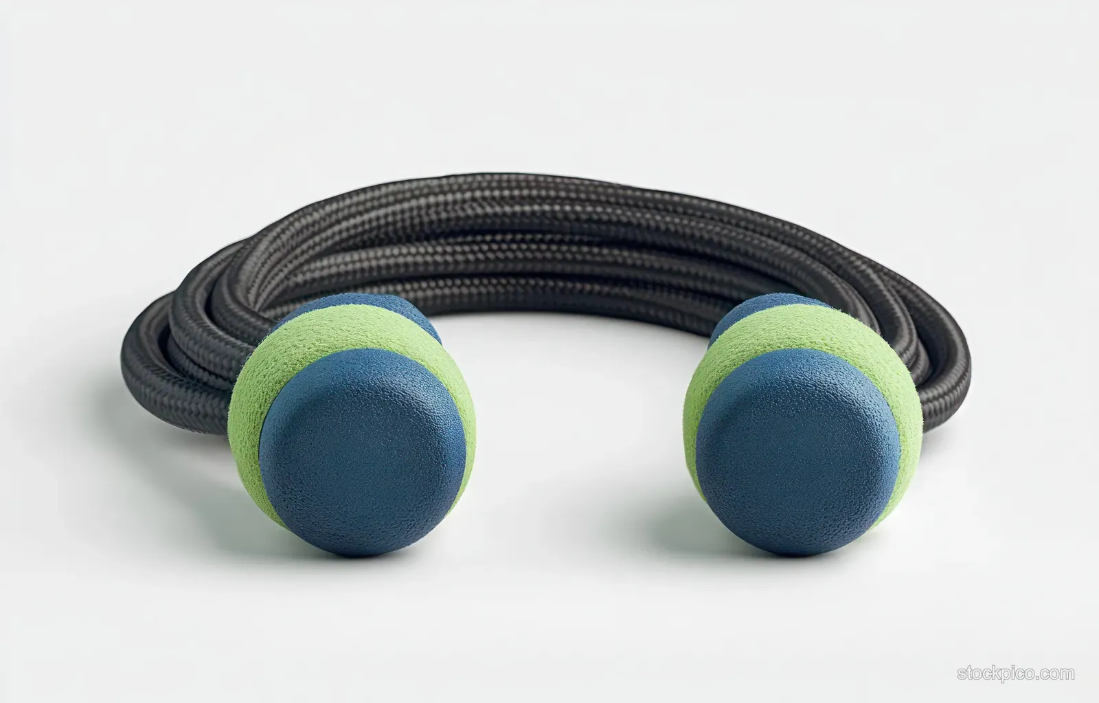Coiled black jump rope with blue-green foam handles on a white surface under soft light.