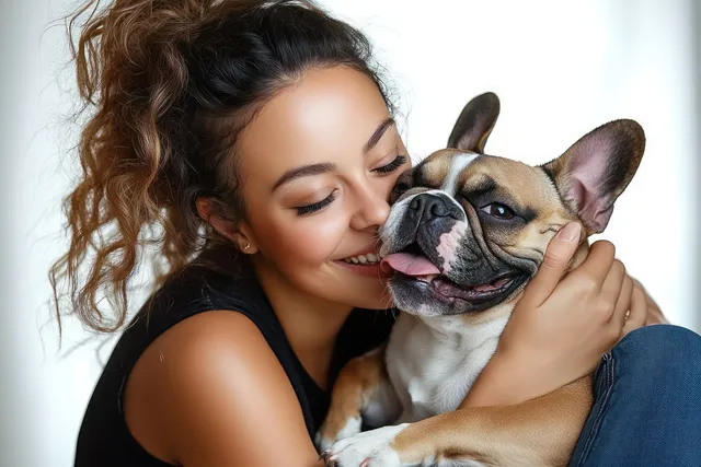 Happy young woman cuddling a French Bulldog indoors, smiling warmly in close-up light