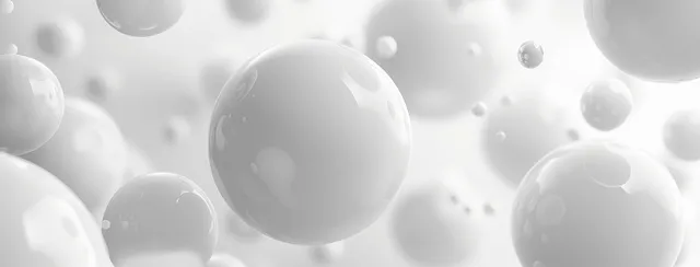 White spheres floating in a minimal abstract 3D background.