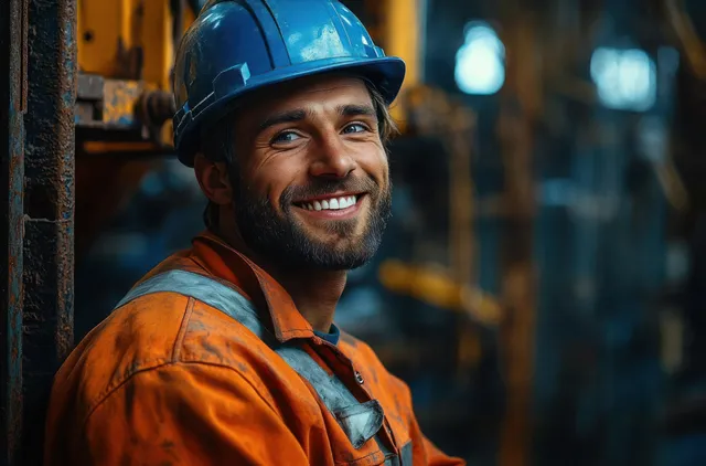 Smiling male industrial worker in blue helmet and orange high-visibility suit stands confidently in a factory setting.