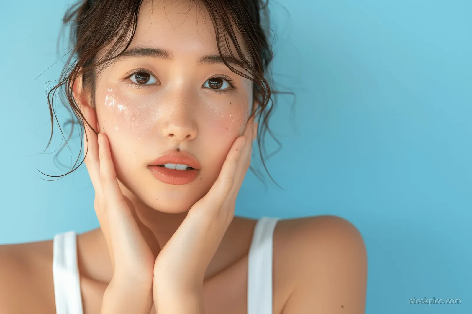 Young Japanese woman touches her cheeks with both hands against a light blue background.
