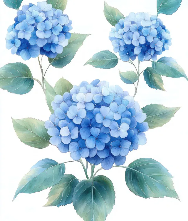 Watercolor hydrangea blossoms with green leaves repeating seamlessly on white background