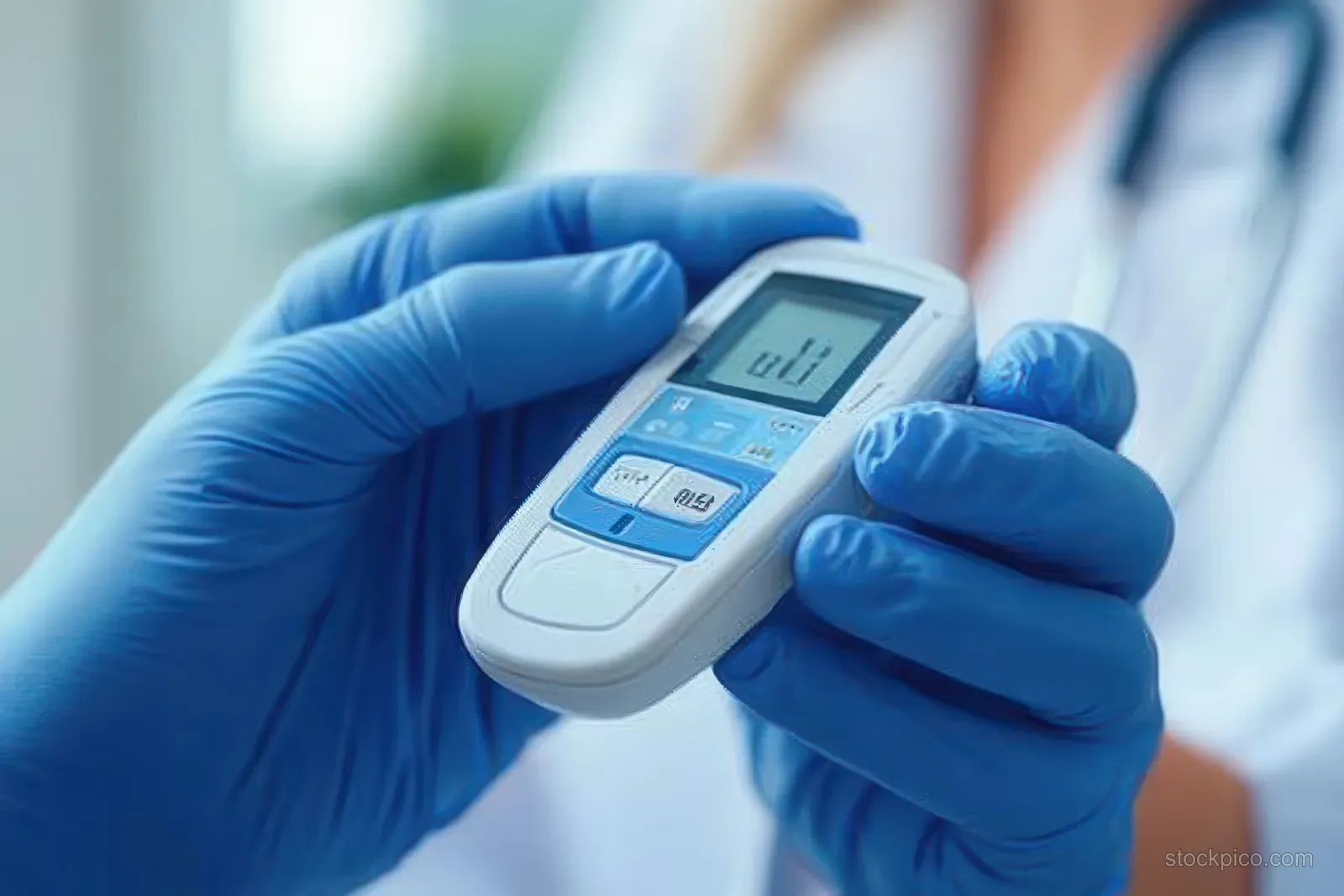 Blue-gloved hands hold a digital glucometer displaying blood sugar test results in a clinic.