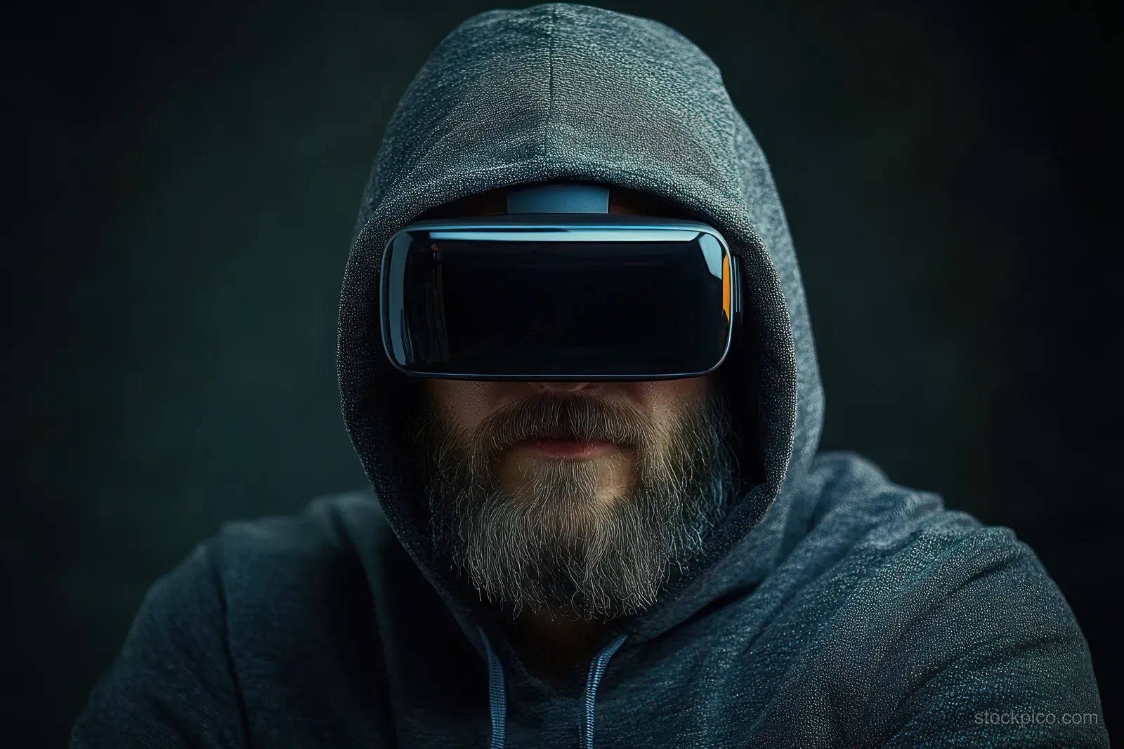 A bearded man in a dark hoodie wears a VR headset against a dim, shadowy background.