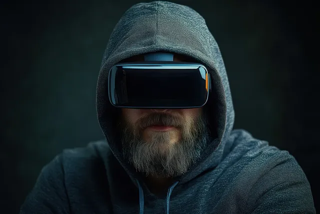 A bearded man in a dark hoodie wears a VR headset against a dim, shadowy background.