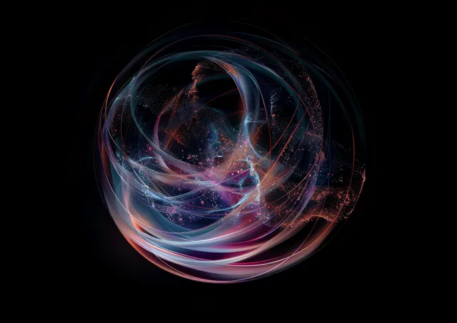 Holographic iridescent sphere with swirling light trails floating on a black background