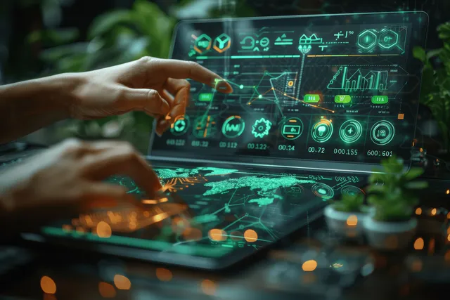 Hands and stylus point at a tablet with green sustainability and emissions analytics charts.
