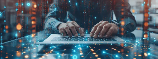 Engineer typing on laptop in front of glowing server racks and data streams