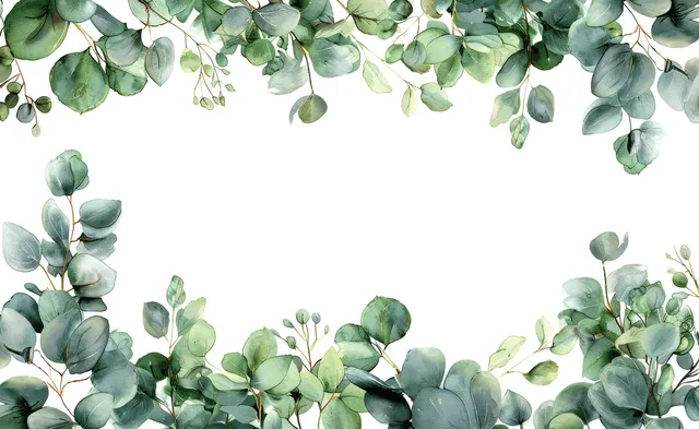 Watercolor eucalyptus leaves create a leafy border frame around an empty white center.