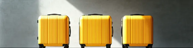 Three yellow hard-shell suitcases stand upright in a row against a gray textured wall.