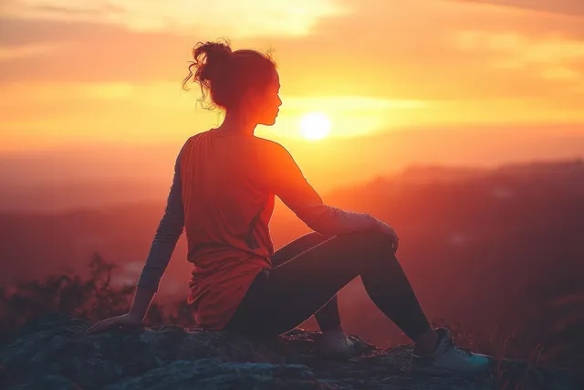An athletic woman stretches on a rocky mountain ledge as the sun sets behind a distant valley.