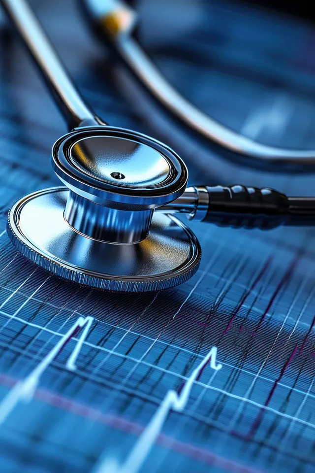 Metallic stethoscope lying on a blue electrocardiogram printout with heartbeat waveform lines.