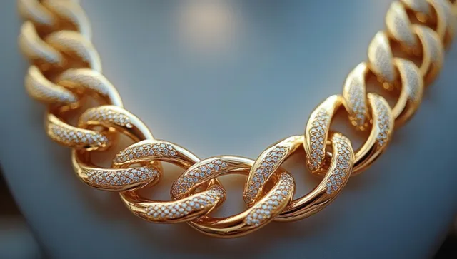 Gold chain necklace close-up with interlocked links and sparkling pavé details on a soft blue background.