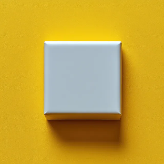 Overhead view of a white protein bar package mockup on a bright yellow background with a soft shadow.