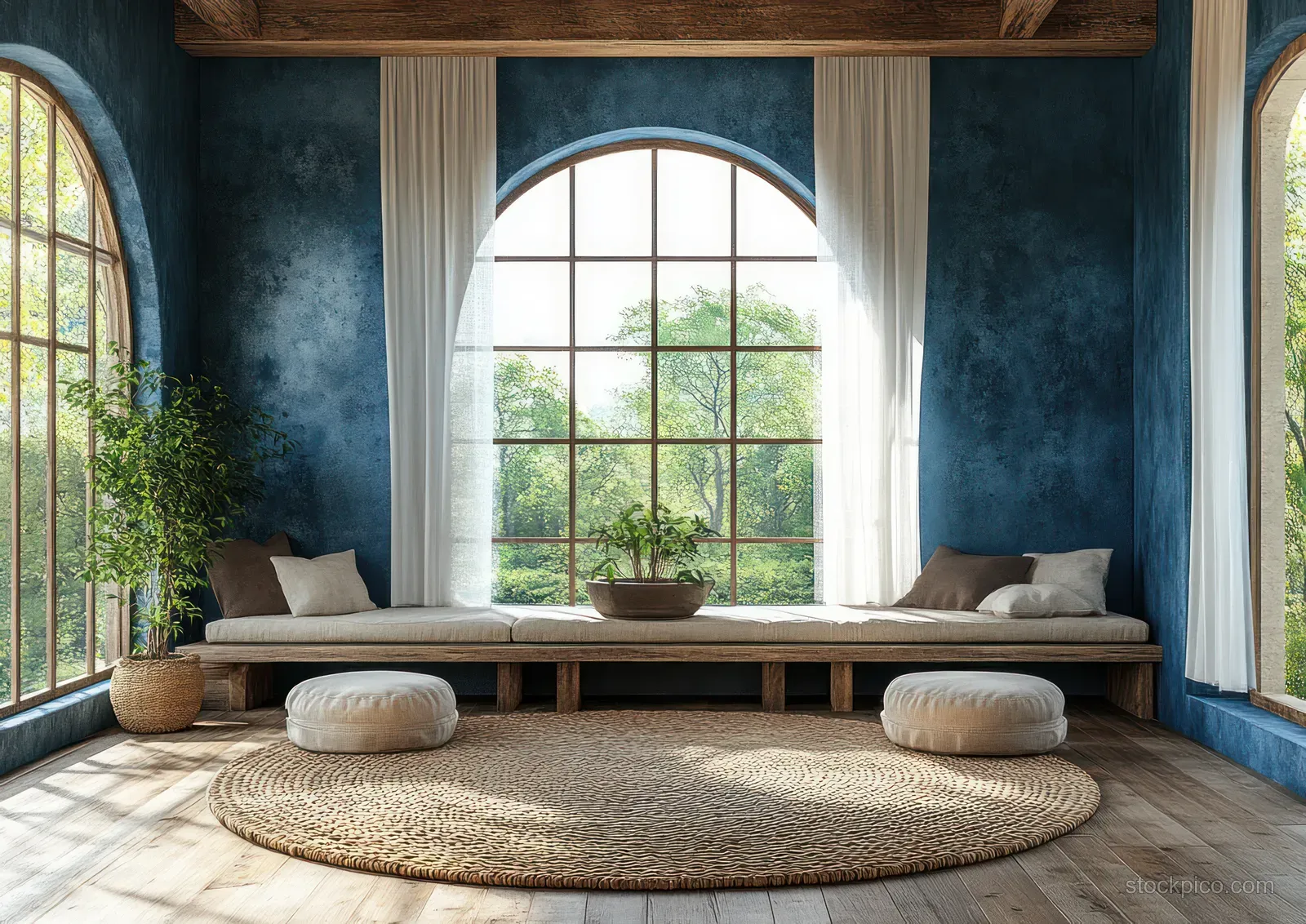 Scandinavian dining space with wooden benches, potted plant, blue accent wall, and large arched windows with sheer curtains.