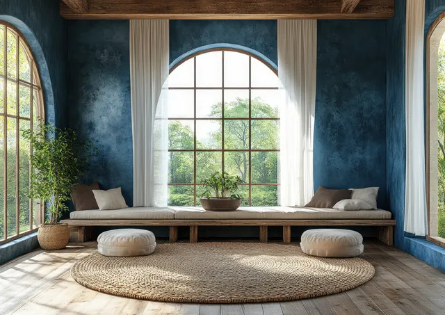 Scandinavian dining space with wooden benches, potted plant, blue accent wall, and large arched windows with sheer curtains.