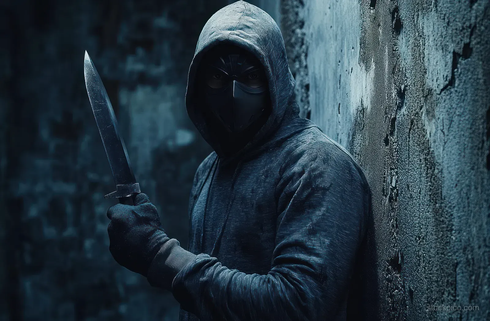 A masked hooded figure holds a large knife in a dimly lit grimy alleyway.