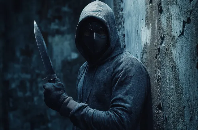 A masked hooded figure holds a large knife in a dimly lit grimy alleyway.