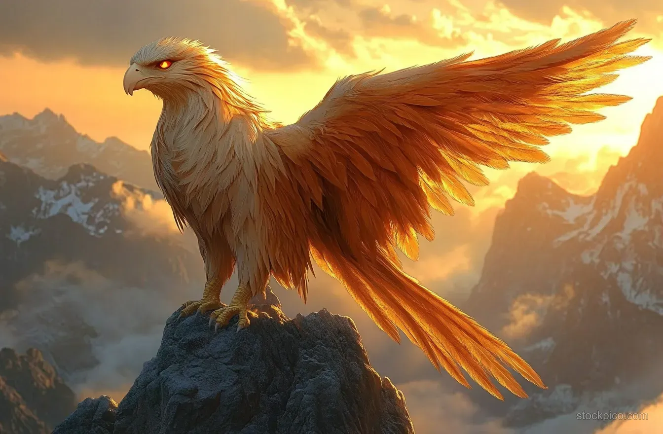 An eagle with glowing fiery eyes perches on a rocky mountain peak as the sunset casts golden light over distant valleys.