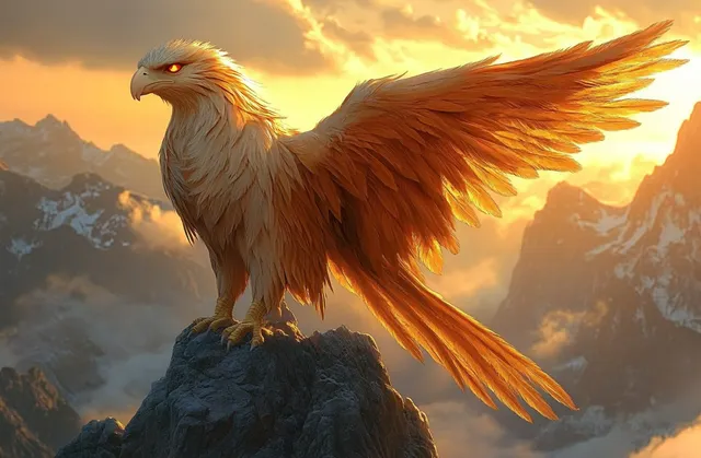 Majestic eagle with fiery glowing eyes perched on rocky peak at golden sunset