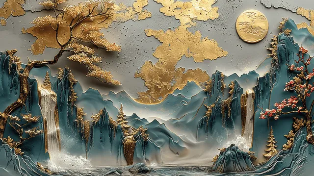 Japanese mountain landscape with waterfalls, sakura, and gold leaf textures