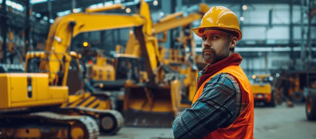 Industrial engineer in high-visibility vest and helmet observing robotic welding bay