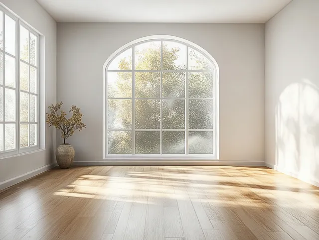 Sunlight streams through an arched window into a minimalist Scandinavian room with pale walls and a light wood floor.