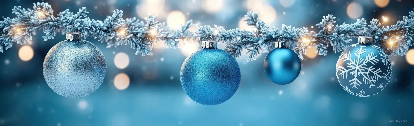 Blue and silver Christmas baubles hang above a frosted snowflake garland with glowing bokeh lights.