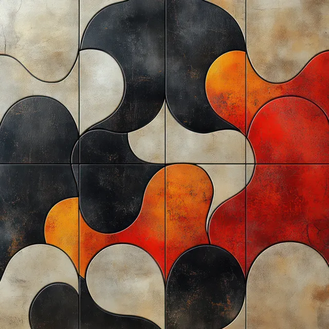 Interlocking puzzle-like abstract panels with warm orange and black shapes on aged paper background