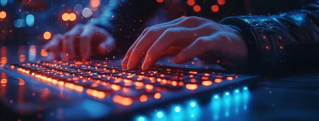 Hands typing on laptop keyboard at night with neon city bokeh in blue tones