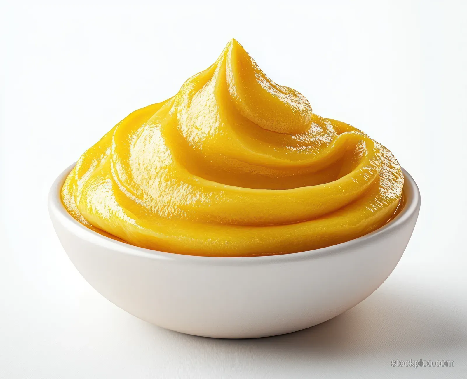 Thick yellow mustard sauce swirled in a small white bowl on a white background.