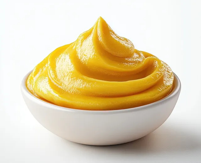 Thick yellow mustard sauce swirled in a small white bowl on a white background.