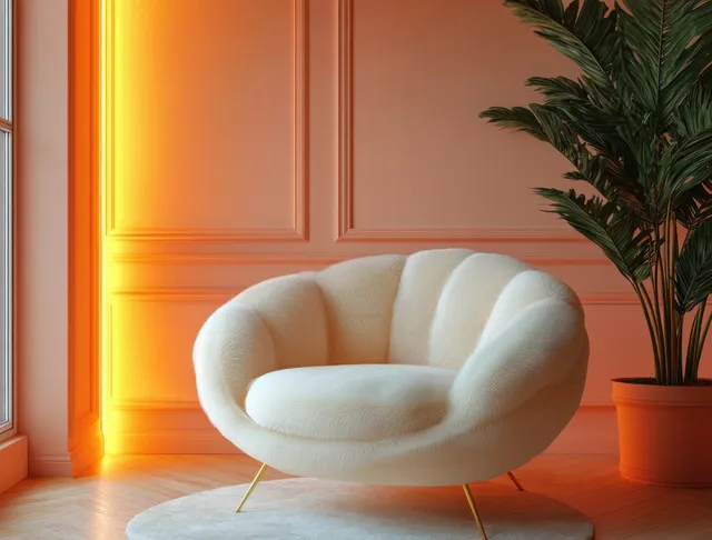 Vintage armchair in a pastel living room with warm window glow and a potted palm beside it.