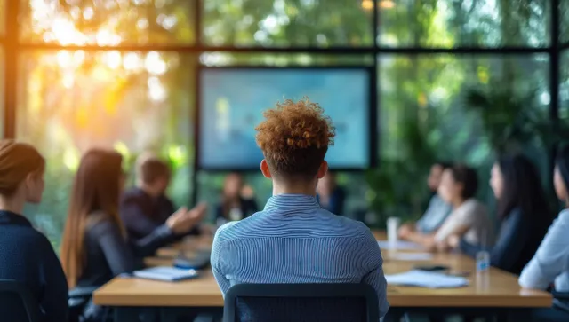 Presenter speaking to graduate students in university classroom, seated group listening