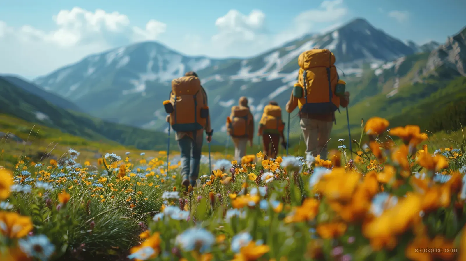 Friends with backpacks hike along a trail through wildflowers while mountain peaks rise under a blue sky.