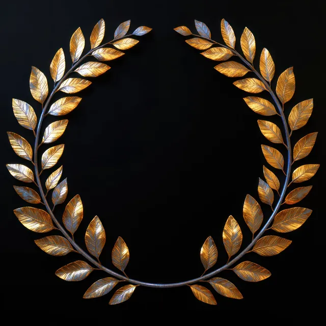 Golden laurel wreath symbolically framing victory leaves on a deep black backdrop