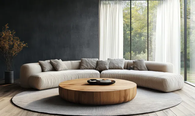 Minimalist living room with beige sectional sofa, round wooden coffee table, and tall window curtains letting in daylight.