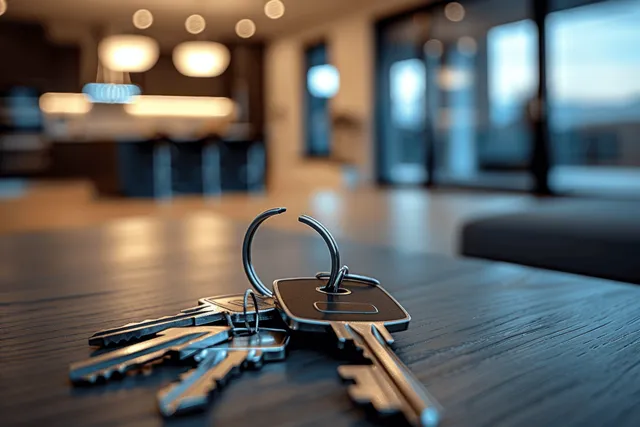 Metal keys resting on wooden table in apartment interior, with blurred living room lights with Shallow Depth Of Field
