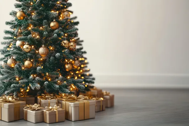 A minimalist Christmas tree decorated with gold ornaments and wrapped gifts stands on a white background.