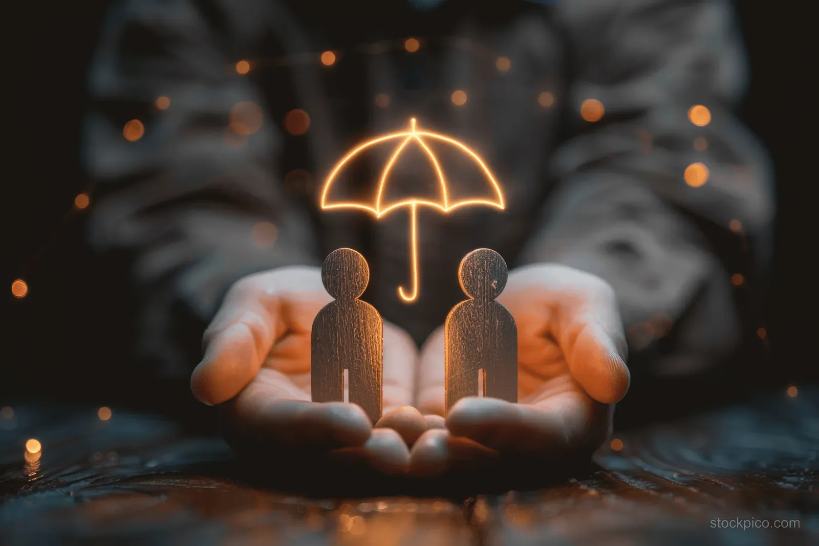 Hands hold wooden family figures while a glowing umbrella shield hovers above them.