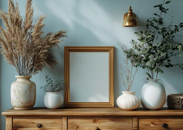 Minimalist wooden dresser with drawers displays a gold lamp and vases beside framed decor on a white wall.