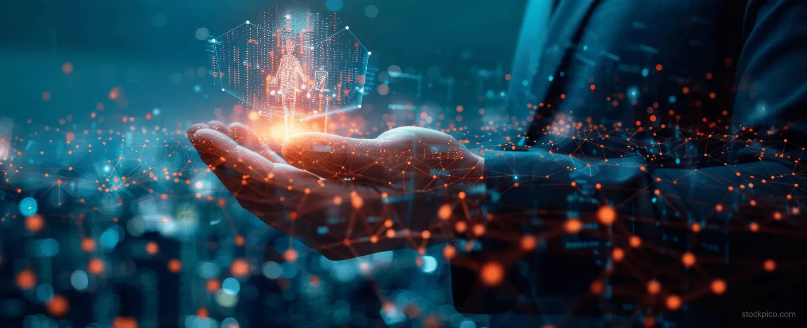 A businessman’s hand reaches toward glowing digital people icons connected by network lines over a dark blue city background.