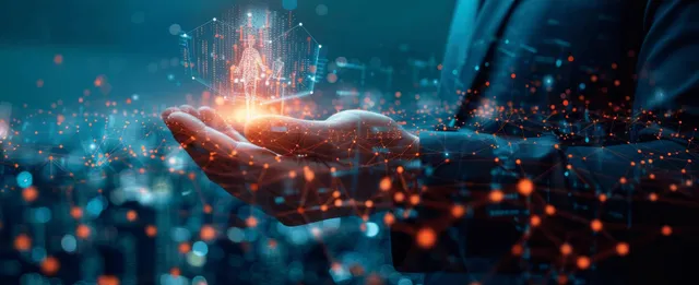 A businessman’s hand reaches toward glowing digital people icons connected by network lines over a dark blue city background.