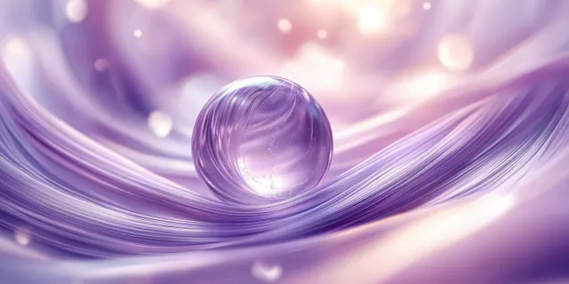 Transparent purple glass sphere resting on flowing lavender silk with soft glowing bokeh