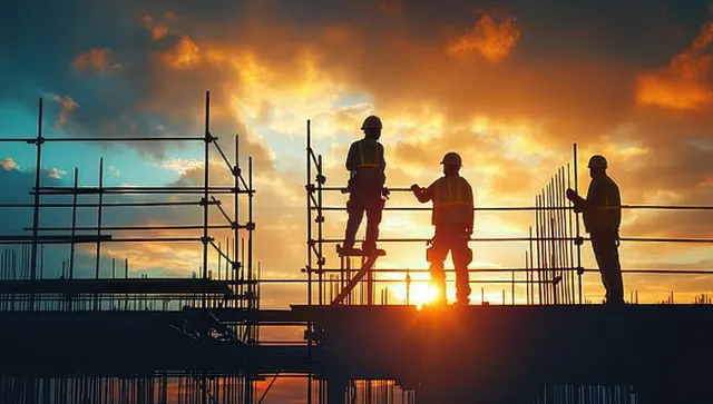 Silhouetted construction workers on scaffolding against a sunset sky with orange and blue lighting.