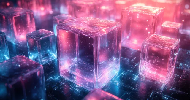Futuristic glass cubes glowing with neon pink and blue lights in a dark digital space