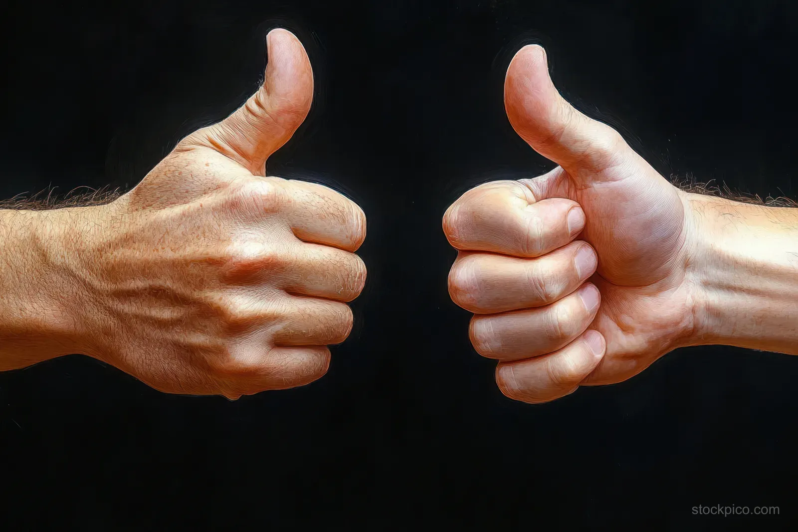 Two hands showing thumbs up and thumbs down on a dark background.