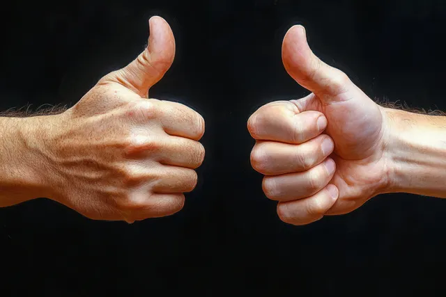 Hands showing thumbs up and thumbs down against a dark background